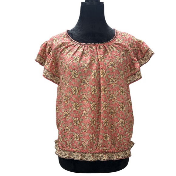 Max Studio Tops - Max Studio Floral Ruffle Sleeve Blouse Pink Boho Bubble Hem Top Size Medium